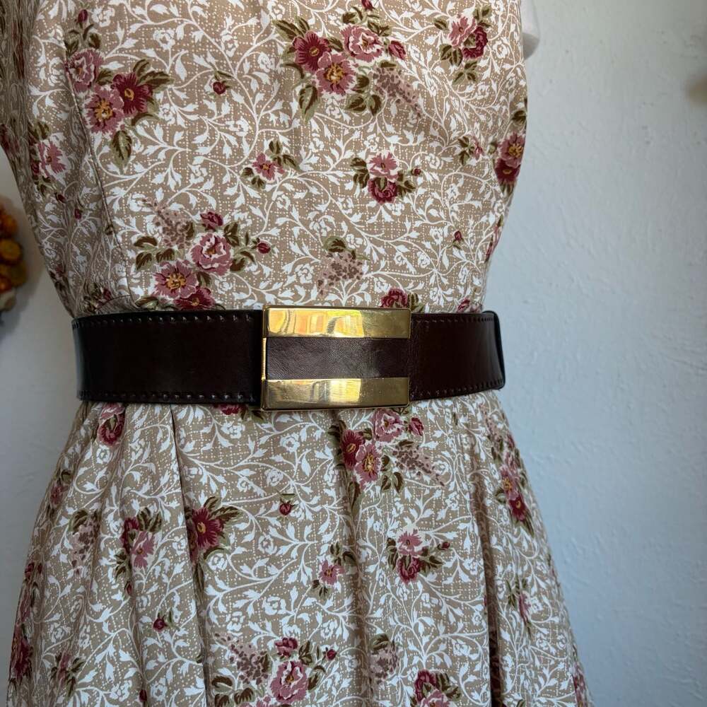 Vintage Dark Brown Italian Leather Belt with Rectangular Gold-Tone Buckle XL
